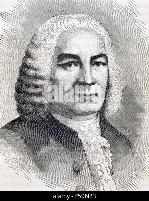 Bach, Johann Sebastian (Eisenach ,1685-Leipzig, 1750). German composer. Served as 'Kapellmeister' from 1717 to 1723 the Duke of Ko¨then, the period when he composed his major instrumental works.  Engraving by  Tourfaut in 'El Semanario Familiar  Pintoresco' (1877). Stock Photo
