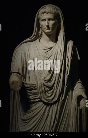 Augustus (61 BC.-14 AD) as Pontifex Maximus. First emperor of the Roman Empire. Greek and italic marble statue. Found in the Via Labicana. Late 1st century B.C. Palazzo Massimo. National Roman Museum. Rome. Italy. Stock Photo