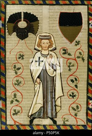 Der Tannhauser (1200-1305), poet and Crusader with a Greek cross on the layer, the symbol of the knights of the Teutonic Order. Fol.164r. Codex Manesse (ca.1300) by Rudiger Manesse and his son Johannes. University of  Heidelberg. Library. Germany. Stock Photo