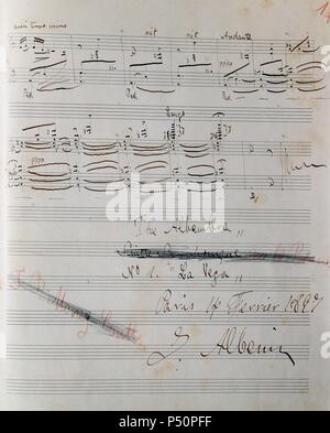 ALBENIZ, Isaac (CamprodU^n, 1860-Cambo-les-Bains,1909). Spanish composer and pianist. THE ALHAMBRA. N. 1 La Vega. (end of the work). Manuscript signed in Paris, February 1897. Stock Photo