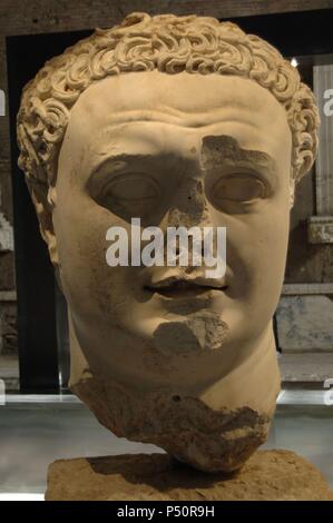 Vespasian (9-79). Roman Emperor. Founder of the Flavian dynasty. Colossal Head. Marble. From the Farnese Collection. National Archaeological Museum (Naples). Temporary exhibition, Vespasian. The two-thousandth anniversary of the Flavian Dynasty. Roman Forum. Rome. Italy. Stock Photo
