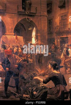 Spanish War of Independence (1808-1814). 'Burning of the sealed French paper in the main square of Manresa', 1895. Painting by Francesc Cuixart i Barjau (Berga, 1875-Manresa, 1927). On June 4, 1808 French soldiers under Schwart's command left Barcelona to punish the city of Manresa for burning sealed French paper which bored the seal of validity of the lieutenant general of the kingdom, Marshal Joachim Murat. It had been imposed for the entire territory by Napoleonic authority. Town Hall of Manresa. Province of Barcelona, Catalonia, Spain. Stock Photo