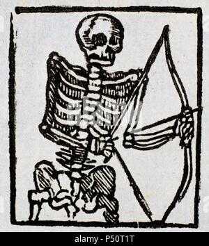 Death depicted with a bow and arrow. Engraving. Barcelona. Catalonia. Spain. Stock Photo