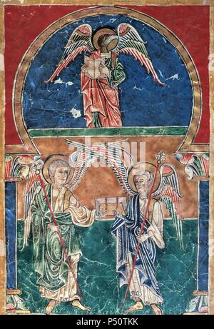 Blessed San Pedro of Cardena. 12th century. Illuminated codex of the comments made by Blessed of   Liebana in the 8th century to the Apocalypse of St. John. Miniature depicting St. John the Evangelist as an eagle with two angels holding the Gospel in their hands. Girona Art Museum. Spain. Stock Photo