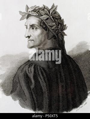 Dante Alighieri (1265-1321). Italian poet. Engraving. Stock Photo