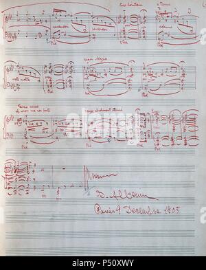 Isaac Albeniz (1860-1909). Composer and Spanish pianist. Suite Iberia. Notebook number 1, Evocation. End of the composition. Paris, December 9, 1905 with autograph signature of the author. Stock Photo