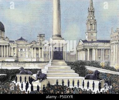 Meeting of workers unemployed in Trafalgar Square. London. United Kingdom. Engraving by Rico in 'The Spanish and American Illustration,' 1886. Coloured. Stock Photo