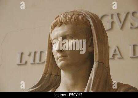 Augustus (61 BC-14 AD) as Pontifex Maximus. First emperor of the Roman Empire. Marble statue.  Roman National Museum. Rome. Italy. Stock Photo