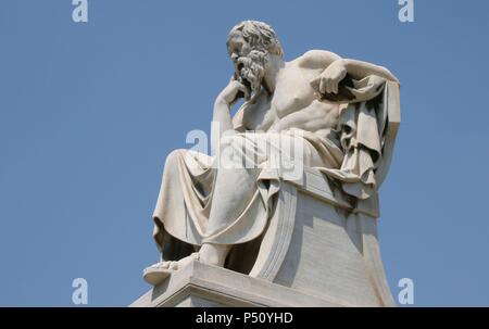 Socrates (469-399 BC). Classical Greek Philosopher.  Statue of Socrates at the Athens Academy. Athens. Central Greece. Attica. Europe. Stock Photo