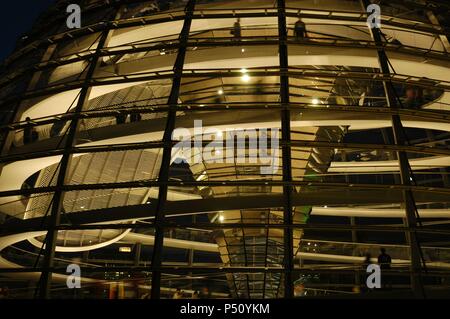 Dome of the Reichstag, seat of the German Parliament, designed by Norman Foster (b.1935). Interior. Night. Berlin. Germany. Stock Photo