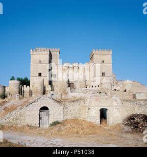 Ampudia castle. Built in XV century in gothic style. General view. Palencia province. Castile and Leon. Spain. Stock Photo