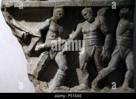 Roman art. Relief commemorating the victories of a gladiator represented in various struggles with its adversaries. 1st century B.C Found on Via Appia. Baths of Diocletian. National Roman Museum. Rome. Italy. Stock Photo