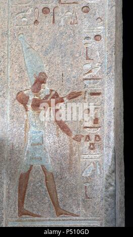 Polychrome relief depicting a pharaoh. Temple of Hatshepsut. New Kingdom. Eighteenth Dynasty. Deir el-Bahari. Egypt. Stock Photo