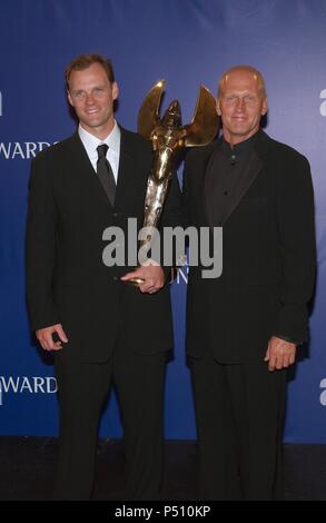 Best Stunt By a Stuntman winners Chris Tuck and Tim Trella for 'Fast and The Furious' backstage at the WORLD STUNT AWARDS 2002, Sunday, May 19, at Santa Monica Airport, Barker Hanger, Los Angeles, CA.           -            TuckChris TrellaTim.jpgTuckChris TrellaTim  Event in Hollywood Life - California, Red Carpet Event, USA, Film Industry, Celebrities, Photography, Bestof, Arts Culture and Entertainment, Topix Celebrities fashion, Best of, Hollywood Life, Event in Hollywood Life - California,  backstage trophy, Awards show, movie celebrities, TV celebrities, Music celebrities, Topix, Bestof, Stock Photo