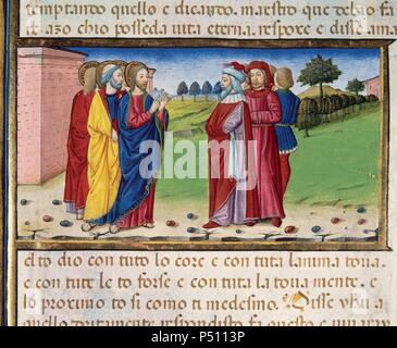 A doctor of the law asks Jesus what he must do to get eternal life. Codex of Predis (1476). Royal Library. Turin. Italy. Stock Photo
