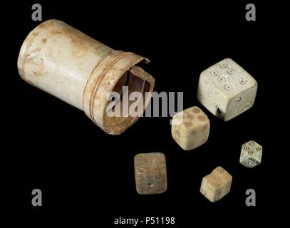 Roman Art. Board game. Cube and bone dice. National Museum of Roman Art. Merida. Spain. Stock Photo