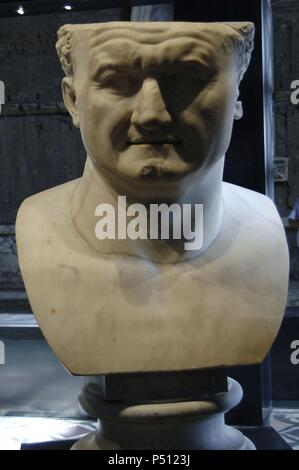 Titus (39-81). Roman Emperor. Flavian dynasty. Colossal Head. Marble. Found in Via Palestro, Rome. From National Archaeological Museum (Naples). Temporary exhibition, Vespasian. The two-thousandth anniversary of the Flavian Dynasty. Roman Forum. Rome. Italy. Stock Photo