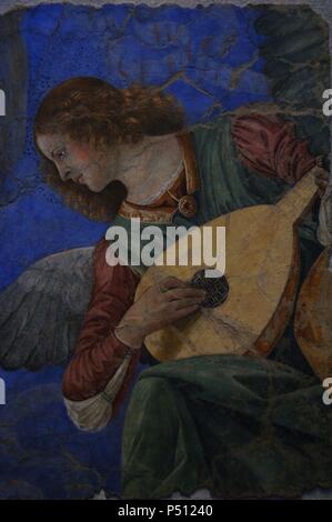 Melozzo da Forli (1438-1494). Italian painter. Fresco depicting an Angel playing a lute, c. 1480. From the Church of the Twelve Holy Apostles. Pinacoteca Vaticana. Vatican City. Stock Photo