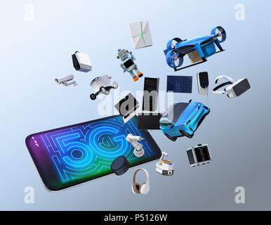 Smart appliances, drone, autonomous vehicle and robot jump from smart phone, 5G concept. 3D rendering image. Stock Photo