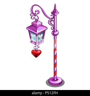 Pink street lamp with a pendant in the shape of a red heart isolated on white background. Vector cartoon close-up illustration. Stock Vector