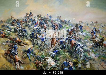 BATALLA DE LITTLE BIGHORN (25 de junio de 1876). Escena de los últimos momentos de la batalla entre indios sioux y cheyennes y el Séptimo de Caballería del General Custer, que fue derrotado. MUSEO del MONUMENTO NACIONAL DEL CAMPO DE BATALLA DE LITTLE BIGHORN. Estado de Montaña. Estados Unidos. Stock Photo