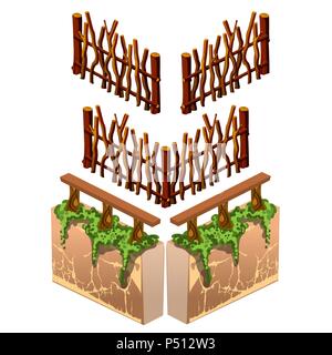 Set of wooden fences and fragments of stone walls with wooden railings isolated on a white background. Vector illustration. Stock Vector