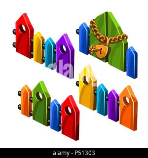 Set of bright colored wooden fences isolated on white background. Vector cartoon close-up illustration. Stock Vector