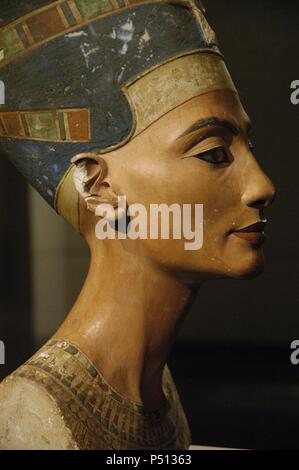 Egyptian art. Nefertiti. 14th century B.C. Egyptian Princess, wife of Amenhotep IV Akhenaton. Bust. Limestone and stucco. It is believed to have been crafted in 1345 BC by the sculptor Thutmose. New Kingdom. 18th Dynasty. It comes from Tell-el-Amarna. Egyptian Museum of Berlin (Neues Museum). Germany. Stock Photo