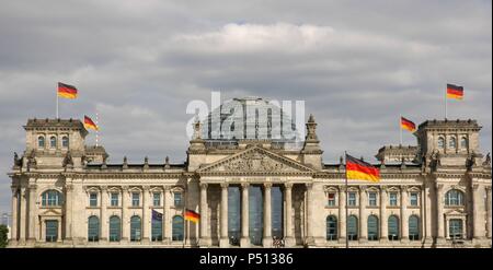 Germany. Berlin. German Parliament in the Reichstag building. 1884-1894. Built by Paul Wallot and rebuilt by Norman Foster between 1992-1999. Exterior. Stock Photo