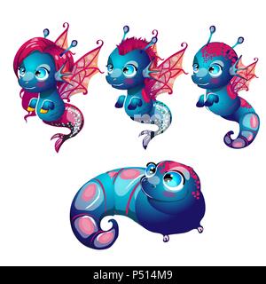 Set fantasy cartoon seahorse isolated on a white background. Stages of transformation from larvae in the sea pony. Vector illustration. Stock Vector