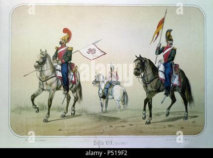 Reinado de Isabel II (1833 a 1868). Batidor, Trompeta y Lancero del Regimiento de Calatrava. Dibujo de Villegas. Lámina número 57 del ALBUM DE LA CABALLERIA ESPAÑOLA del Teniente General Conde de Clonard. Litografía Militar, Madrid, año 1861. Stock Photo