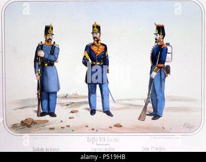 Reinado de Isabel II (1833 a 1868). Milicias Provinciales en el año 1862. Dibujo de Villegas. Lámina número 85 del ALBUM DE LA INFANTERIA ESPAÑOLA del Teniente General Conde de Clonard. Litografía Militar, Madrid, año 1861. Stock Photo