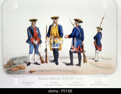 Reinado de Carlos III (1759 a 1788). Escopeteros y Fusileros en el año 1766. Dibujo de Villegas. Lámina número 51 del ALBUM DE LA INFANTERIA ESPAÑOLA del Teniente General Conde de Clonard. Litografía Militar, Madrid, año 1861. Stock Photo