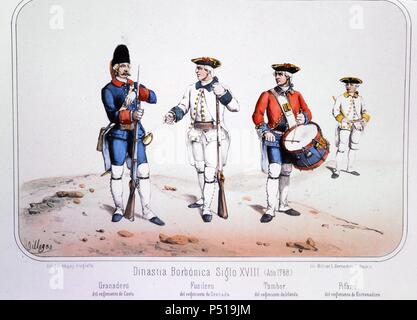 Reinado de Carlos III (1759 a 1788). Granadero, Fusilero, Tambor y Pífano de diferentes Regimientos en el año 1768. Dibujo de Villegas. Lámina número 53 del ALBUM DE LA INFANTERIA ESPAÑOLA del Teniente General Conde de Clonard. Litografía Militar, Madrid, año 1861. Stock Photo