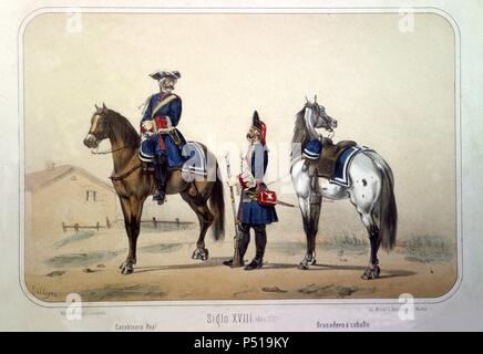 Reinado de Felipe V (1700 a 1724 y 1746). Carabinero Real y Granadero a caballo en el año 1737. Dibujo de Villegas. Lámina número 25 del ALBUM DE LA CABALLERIA ESPAÑOLA del Teniente General Conde de Clonard. Litografía Militar, Madrid, año 1861. Stock Photo