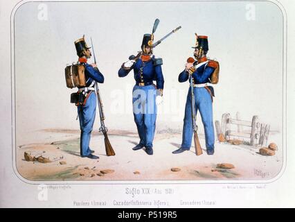 Reinado de Isabel II (1833 a 1868). Fusilero, Cazador y Granadero en el año 1848. Dibujo de Villegas. Lámina número 79 del ALBUM DE LA INFANTERIA ESPAÑOLA del Teniente General Conde de Clonard. Litografía Militar, Madrid, año 1861. Stock Photo