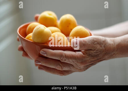 Hands of an elderly woman holding a bowl with apricots Stock Photo
