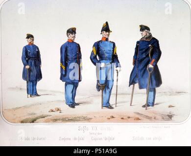 Reinado de Isabel II (1833 a 1868). Inválidos del Ejército en el año 1862. Dibujo de Villegas. Lámina número 92 del ALBUM DE LA INFANTERIA ESPAÑOLA del Teniente General Conde de Clonard. Litografía Militar, Madrid, año 1861. Stock Photo