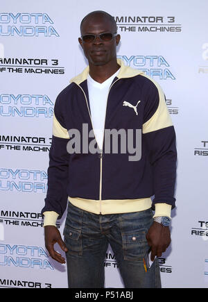 Djimon Hounsou arriving at the ' Terminator 3, Rise The Machines ' premiere at the Westwood Theatre in Los Angeles. June 30, 2003. HounsouDjimon05 Red Carpet Event, Vertical, USA, Film Industry, Celebrities,  Photography, Bestof, Arts Culture and Entertainment, Topix Celebrities fashion /  Vertical, Best of, Event in Hollywood Life - California,  Red Carpet and backstage, USA, Film Industry, Celebrities,  movie celebrities, TV celebrities, Music celebrities, Photography, Bestof, Arts Culture and Entertainment,  Topix, vertical, one person,, from the years , 2003 to 2005, inquiry tsuni@Gamma-US Stock Photo