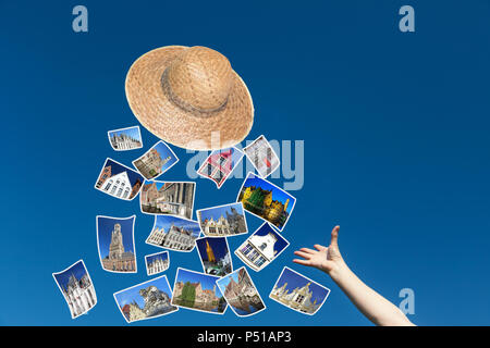 The female hand is throwing a straw hat, from which fly the photos of Bruges sights.  Blue sky is in the background. Stock Photo