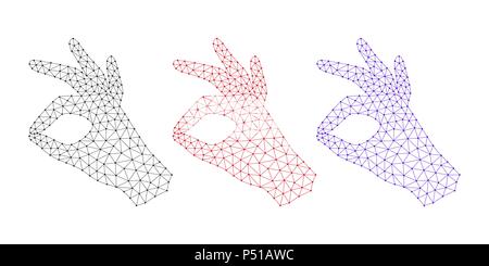 Computer Hand with line Connections, Plexuses and Knots. Vector illustration of Digital Hand Projection with gesture of Okay. Silhouette with Thin lin Stock Vector