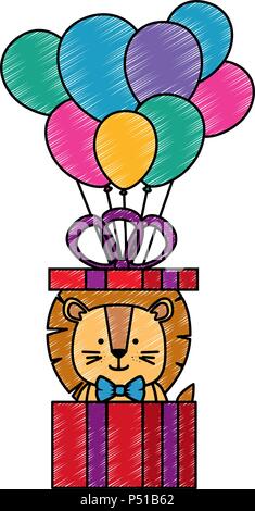 cute lion with gift box and balloons helium vector illustration design ...