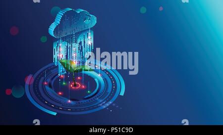 Cloud storage with big data analysis processing. Data information flow analyzing helping business analytics, management and strategy. Information technologies isometric illustration concept. Stock Vector