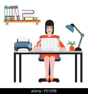 Woman sitting at table and working on laptop. Workspace. Stock Vector