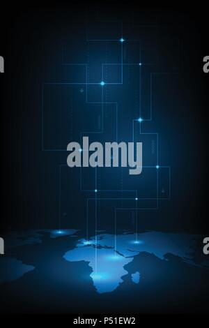 Modern blue digital world map concept illustration with futuristic ...