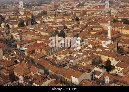 Italy. Cremona. Overview of the old city from the bell tower of the Cremona Cathedral, known commonly by Torrazzo. Lombardy. Stock Photo