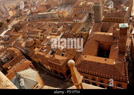 Italy. Cremona. Overview of the old city from the bell tower of the Cremona Cathedral, known commonly by Torrazzo. Lombardy. Stock Photo