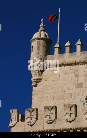 ARTE GOTICO-TARDIO. ESTILO MANUELINO. PORTUGAL. ARRUDA, Francisco de (m.1547). Arquitecto portugués. 'TORRE DE BELEN'. Fortín construido entre 1515 y 1519 por orden de MANUEL I 'el Afortunado' para proteger la costa portuguesa. Consta de dos cuerpos: el baluarte hexagonal y la torre cuadrada. Detalle. Decalarada Patrimonio de la Humanidad por la UNESCO. LISBOA. Stock Photo