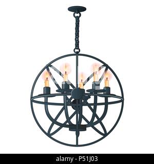 Massive steel chandelier with candles in medieval style isolated on white background. Vector cartoon close-up illustration. Stock Vector
