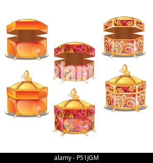 The set of stages of decorating casket or gift boxes with gold pattern isolated on white background. Vector illustration. Stock Vector